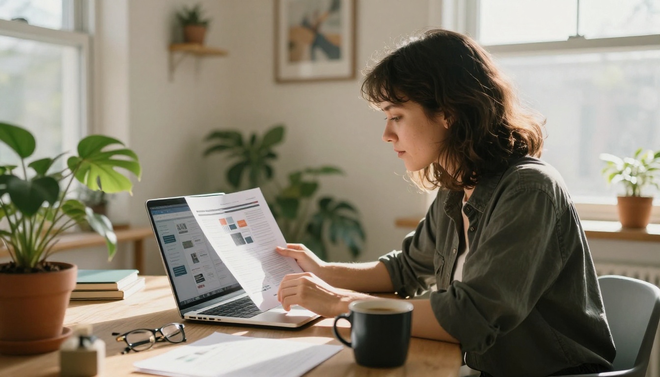 Business owner reviewing a printed brochure beside a laptop Business owner reviewing a printed brochure beside a laptop