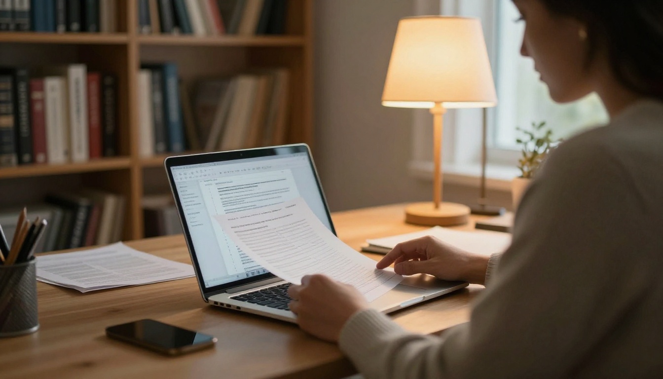 A CFO reading a long PDF report on a laptop A CFO reading a long PDF report on a laptop