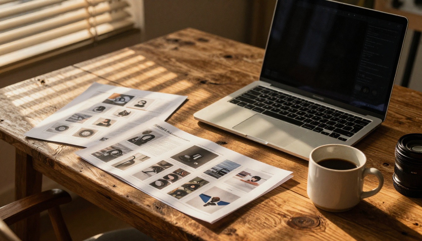 A designer's workspace with printed portfolio pages
