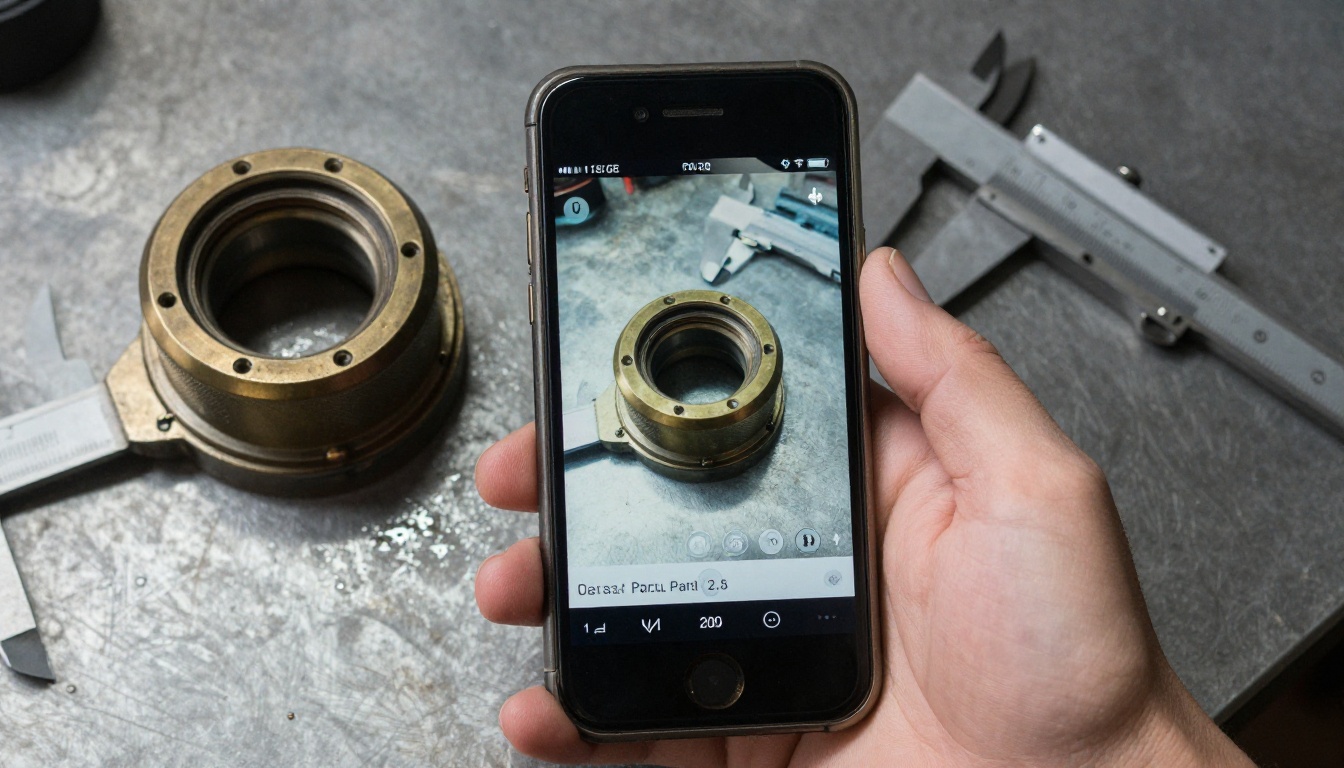 Smartphone showing a parts page next to a bronze bushing and calipers Smartphone showing a parts page next to a bronze bushing and calipers