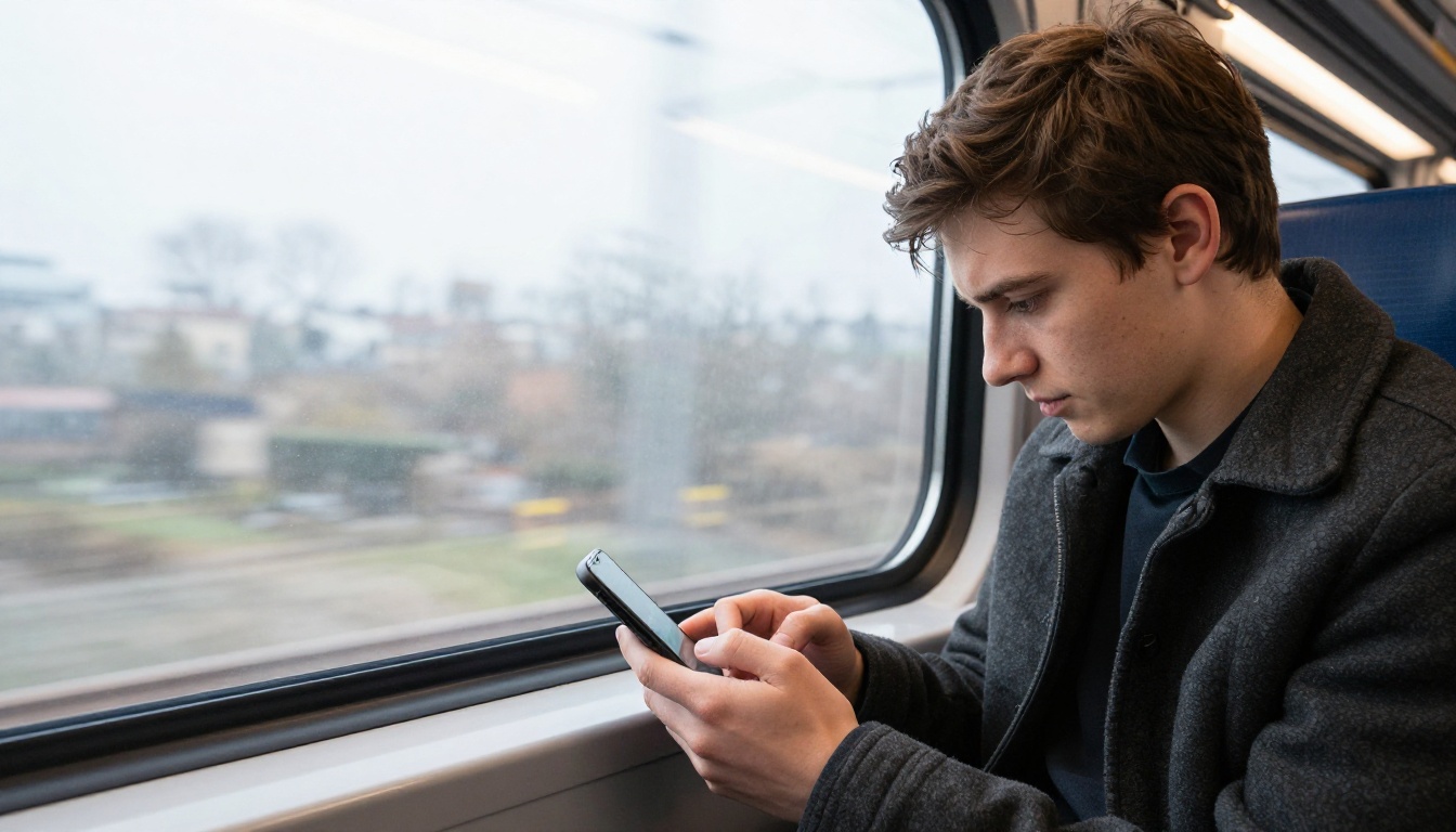 A marketer reading an ebook on a smartphone on a train A marketer reading an ebook on a smartphone on a train