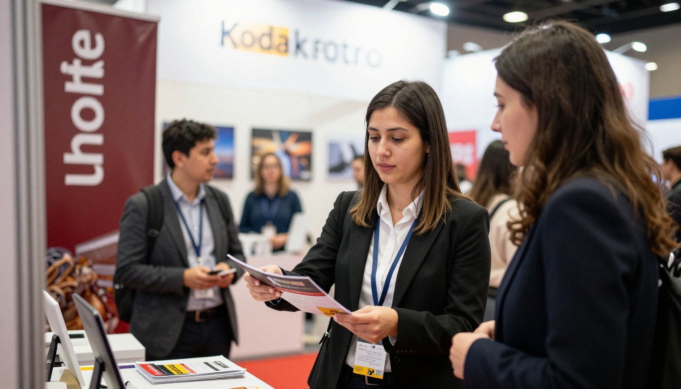 Trade show booth with a woman handing a folded brochure to a visitor Trade show booth with a woman handing a folded brochure to a visitor