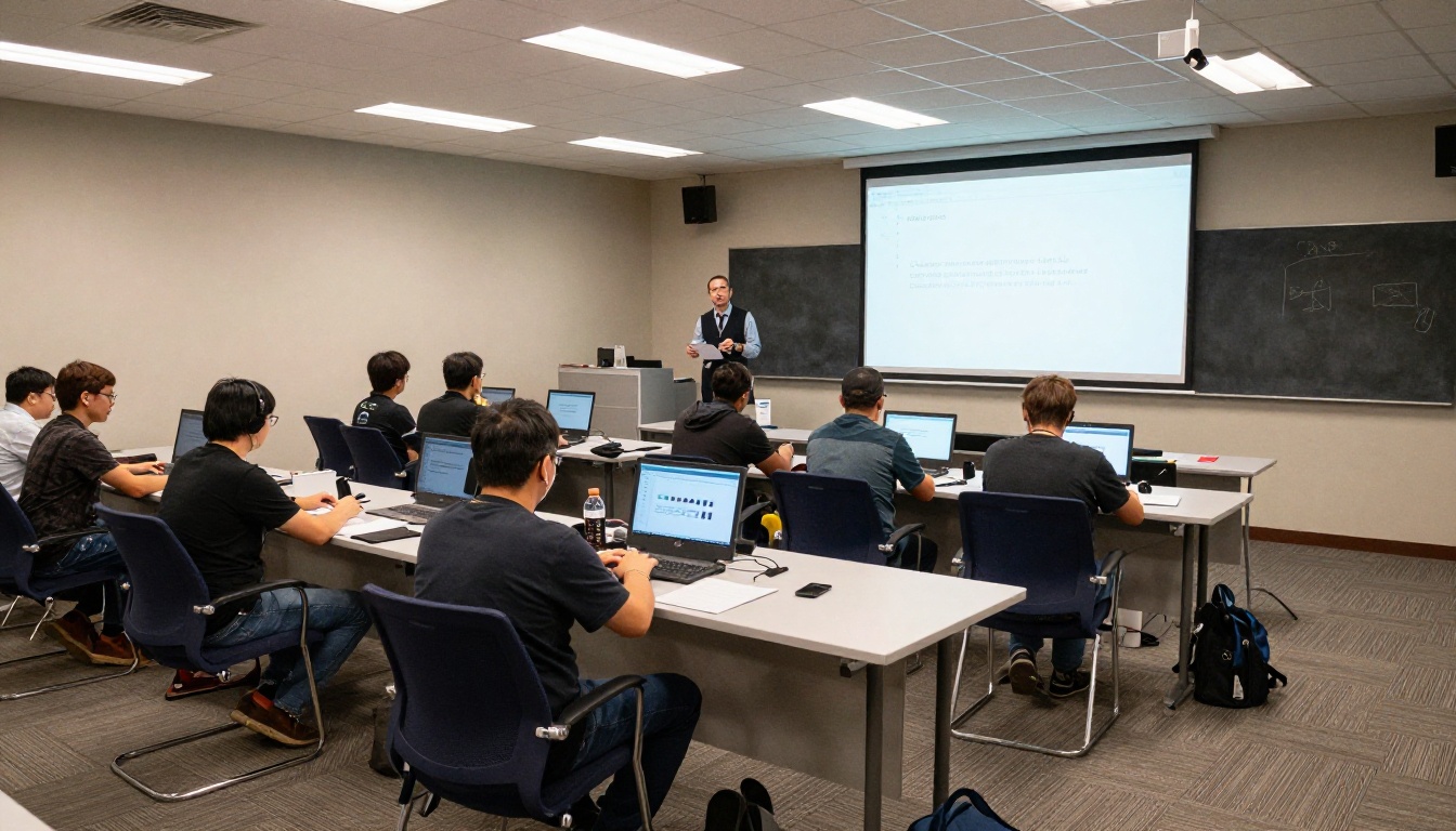 Training room with technicians using tablets and an instructor at a screen Training room with technicians using tablets and an instructor at a screen