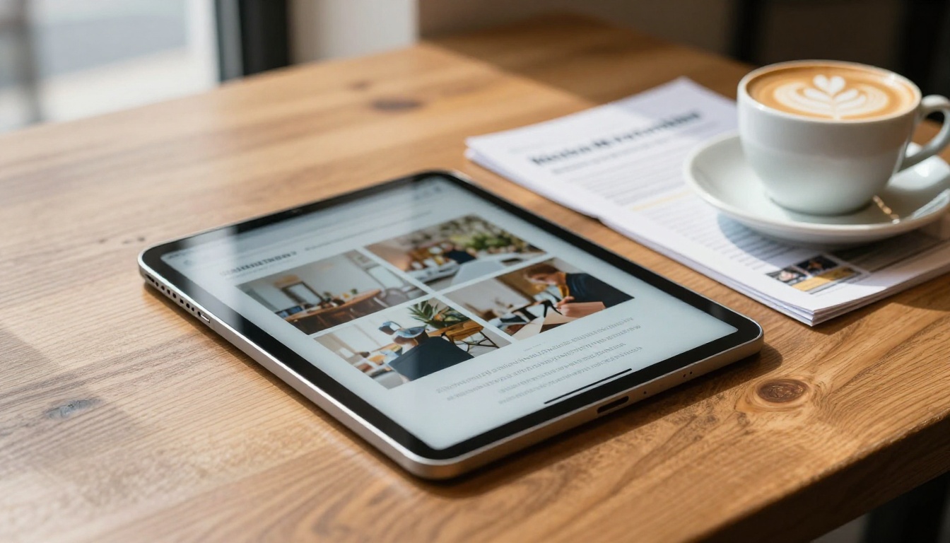 Tablet showing a digital page turning publication next to a printed booklet Tablet showing a digital page turning publication next to a printed booklet
