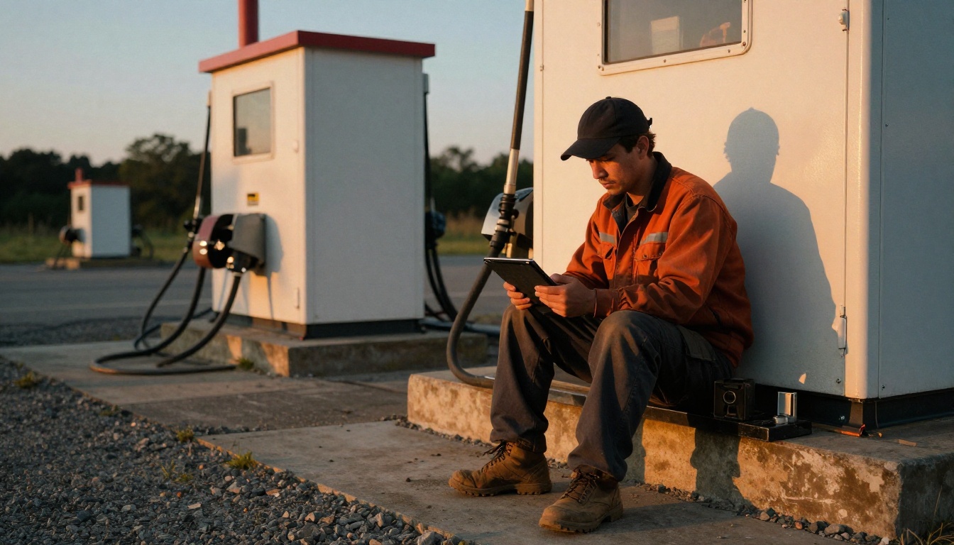 Technician on a tailgate at a remote pumping station using a tablet Technician on a tailgate at a remote pumping station using a tablet