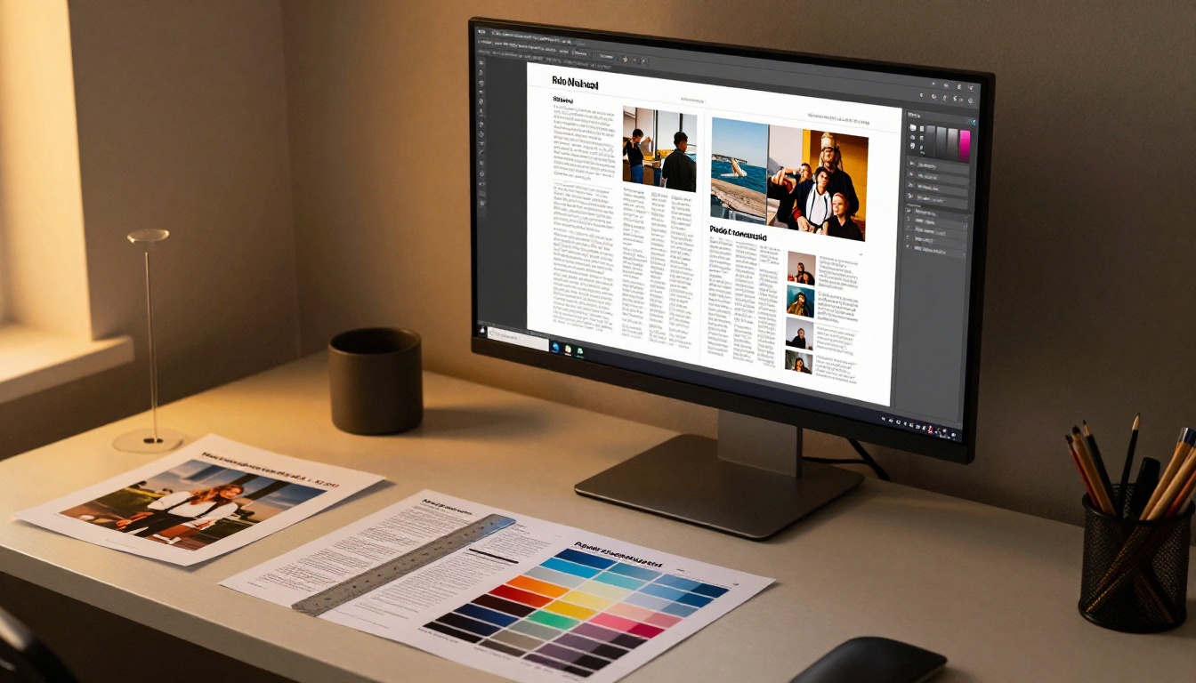 Graphic designer workspace with magazine page layout on a monitor