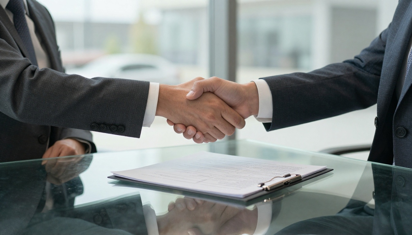 A business handshake across a glass table A business handshake across a glass table