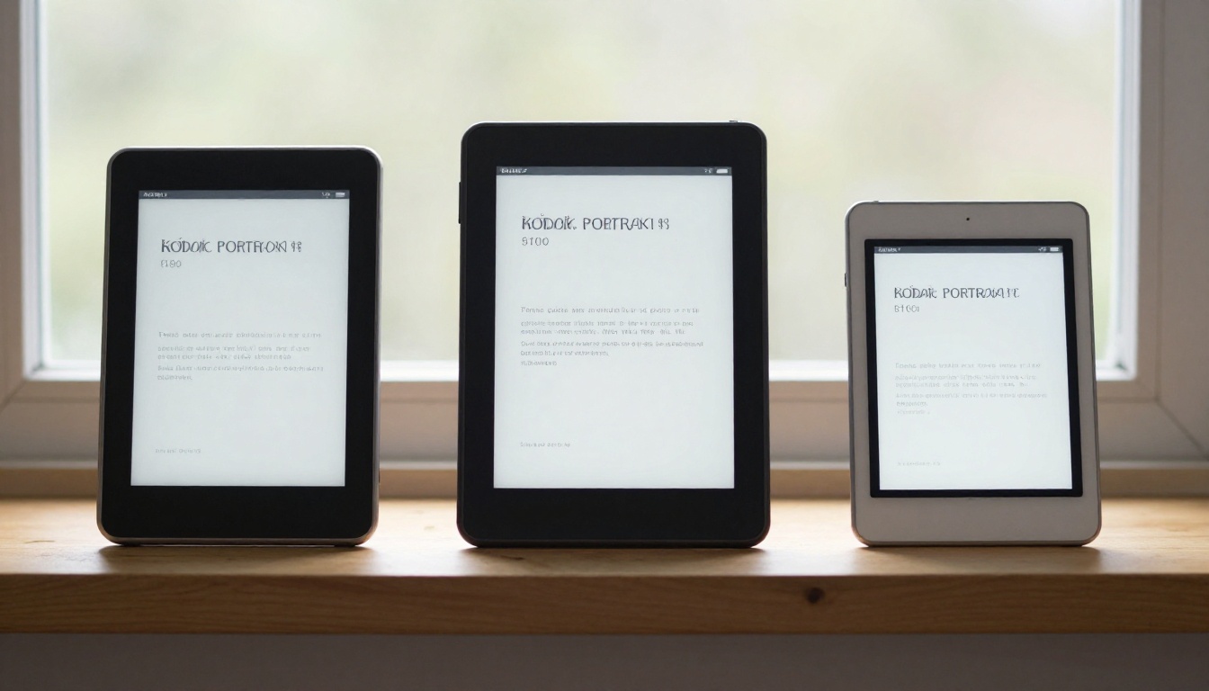 Three readers and tablets of different sizes on a shelf