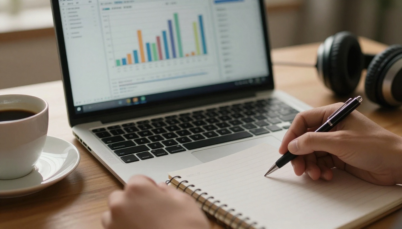 A laptop analytics dashboard beside a notepad and coffee A laptop analytics dashboard beside a notepad and coffee