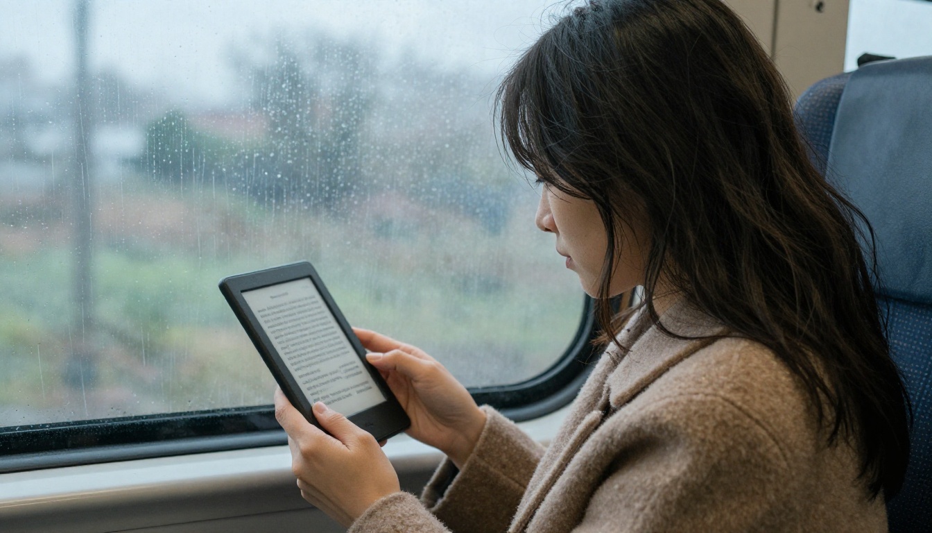 Woman reading an e-reader with enlarged font on a train