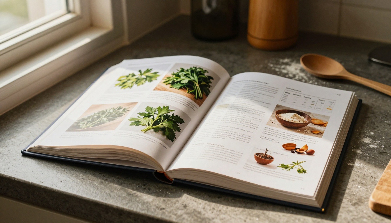 Cookbook propped open on a kitchen counter