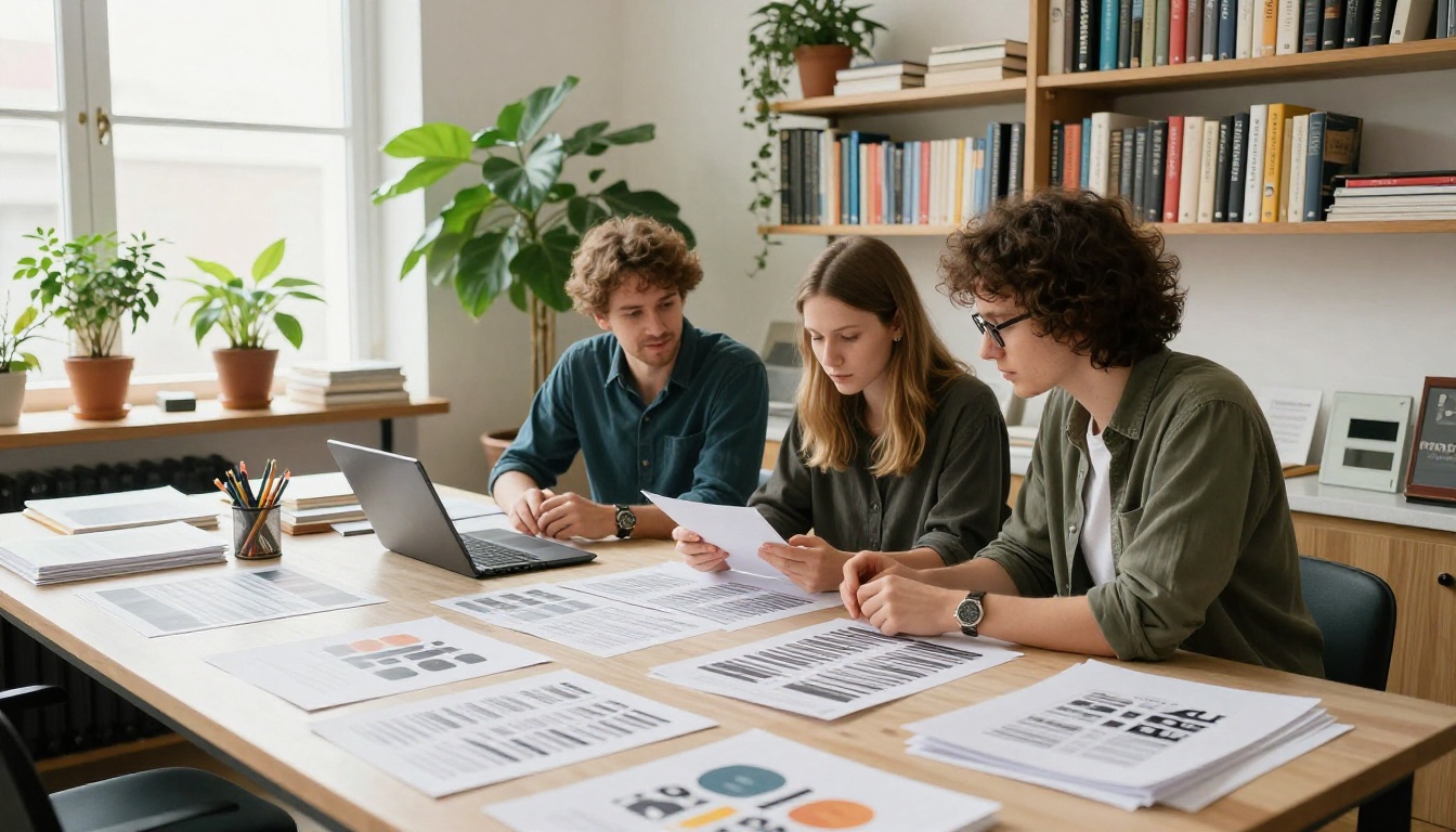 Small publishing team reviewing book proofs around a table