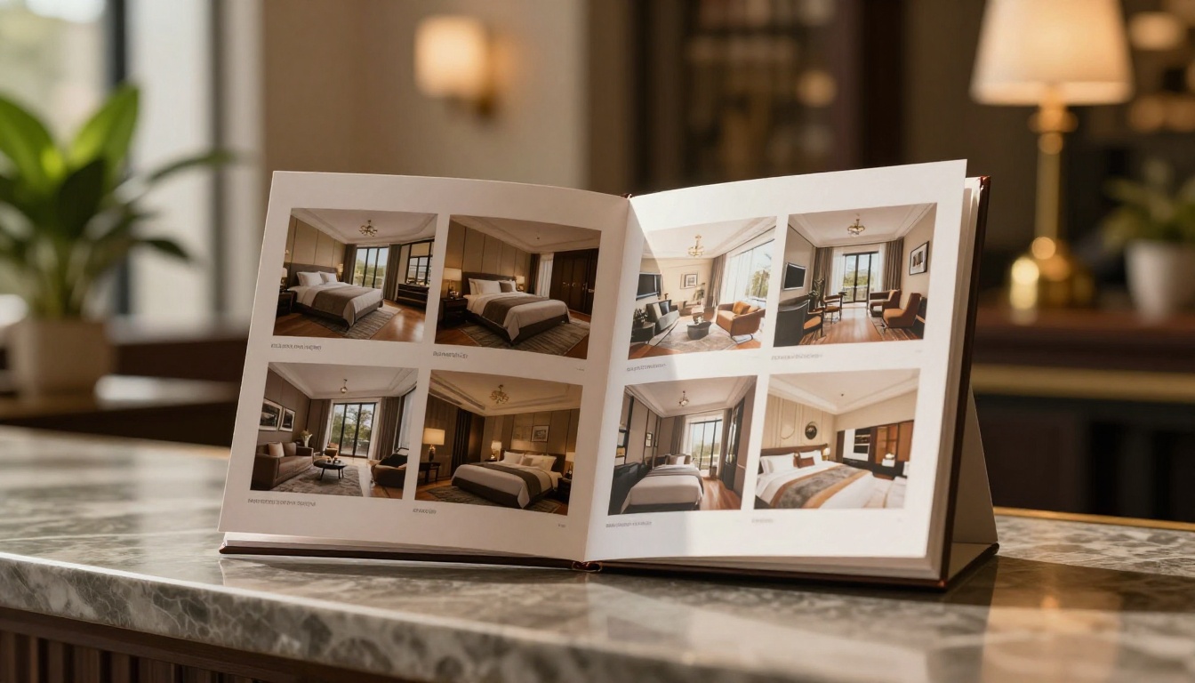 A tri-fold brochure standing open on a hotel reception counter A tri-fold brochure standing open on a hotel reception counter