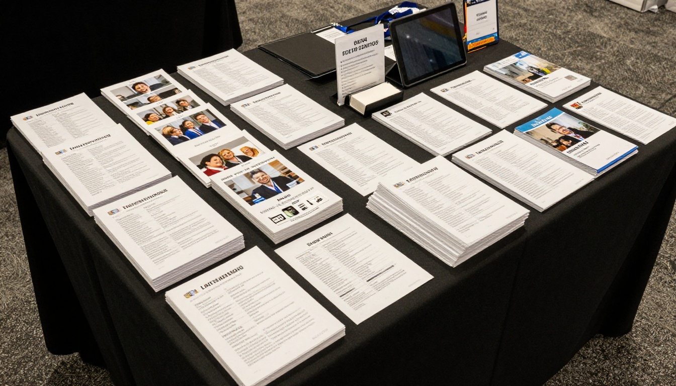Trade show booth table with separate stacks of sell sheets and brochures Trade show booth table with separate stacks of sell sheets and brochures