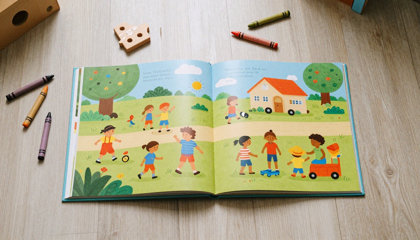 Open illustrated picture book on a pale oak floor