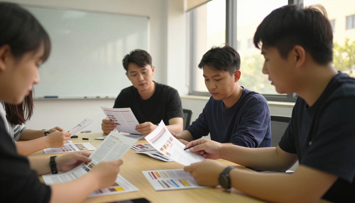Sales team reviewing printed marketing materials around a wooden table Sales team reviewing printed marketing materials around a wooden table