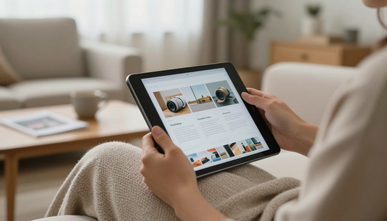 A customer reading a digital page-turning catalog on a tablet at home A customer reading a digital page-turning catalog on a tablet at home