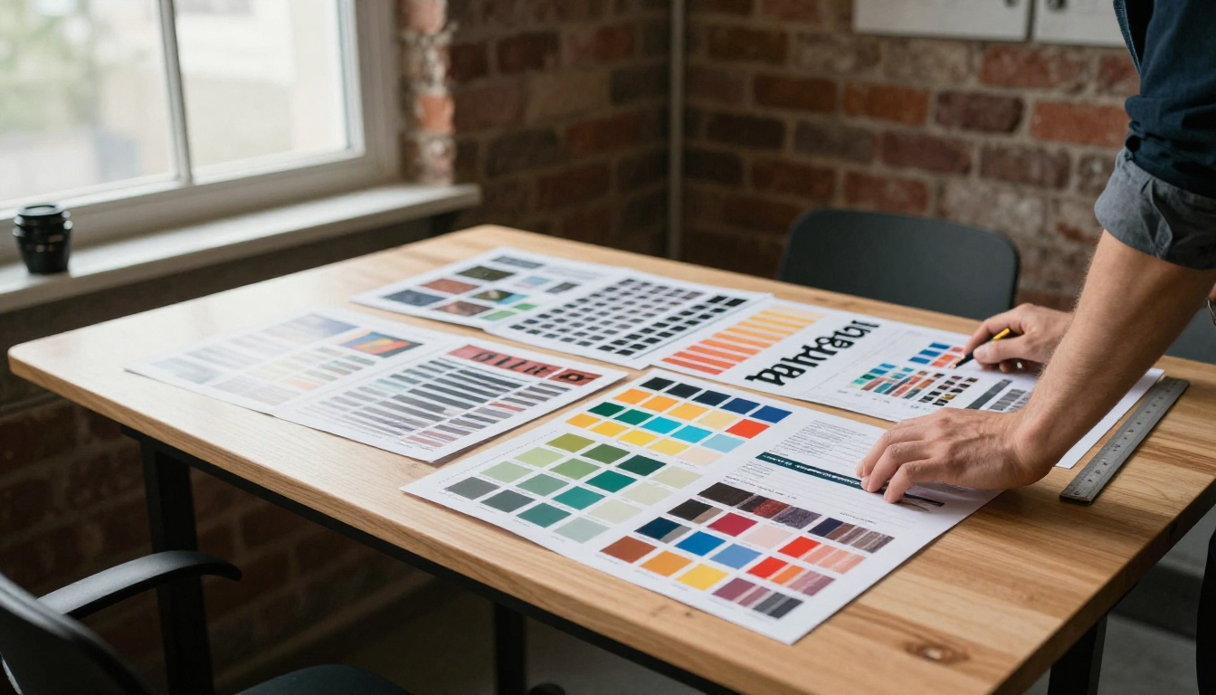 Marketing designer arranging brochure spreads and a sell sheet proof Marketing designer arranging brochure spreads and a sell sheet proof