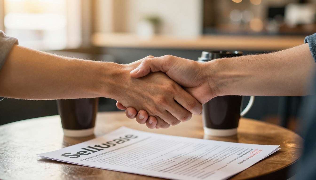 Two people shaking hands over a sell sheet and brochure in a sunlit cafe Two people shaking hands over a sell sheet and brochure in a sunlit cafe