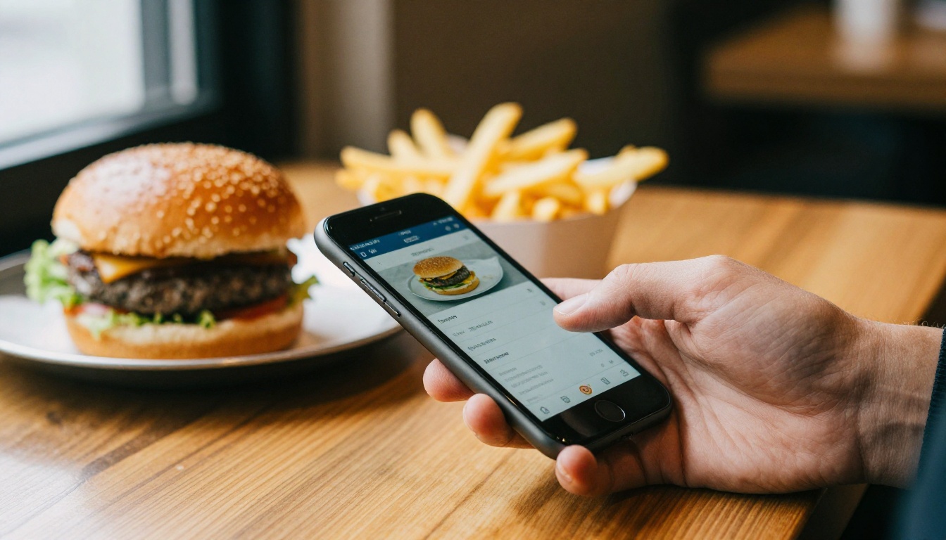 Guest tapping a phone to add a burger to an order