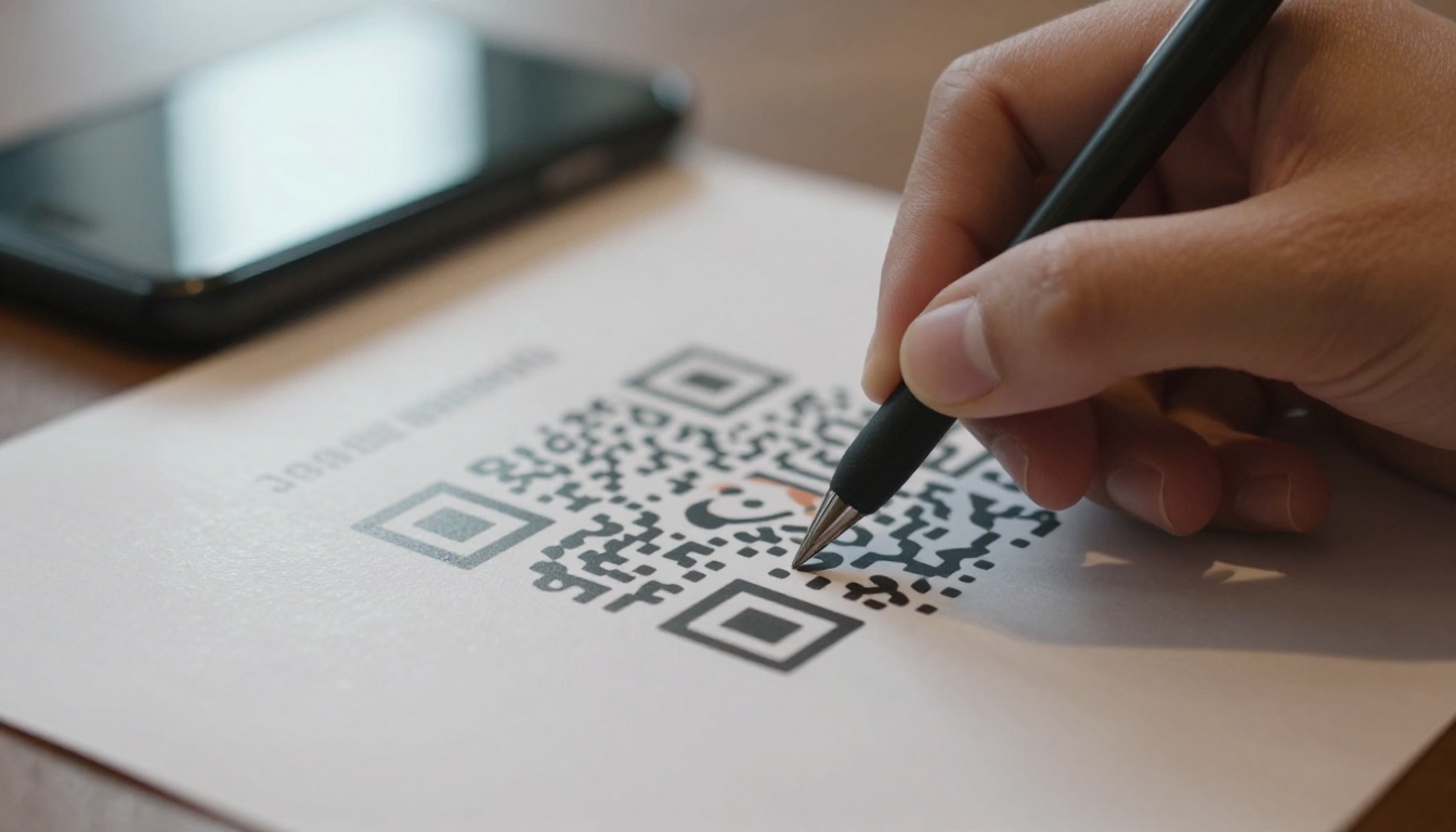 Hand scanning a QR code printed on a glossy brochure