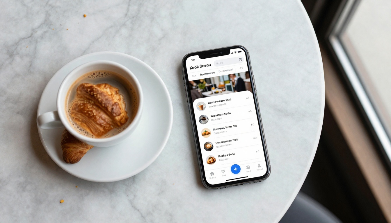 Overhead view of a phone showing a scrolling menu beside a coffee and croissant