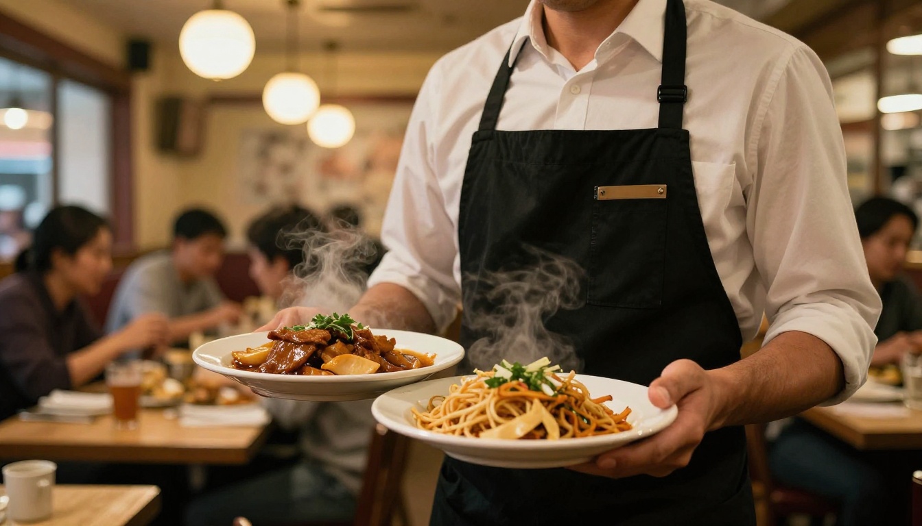 Waiter carrying plates through a lively dining room