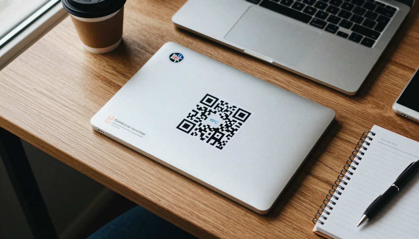 Aerial view of a desk with a brochure, QR stickers and NFC tags