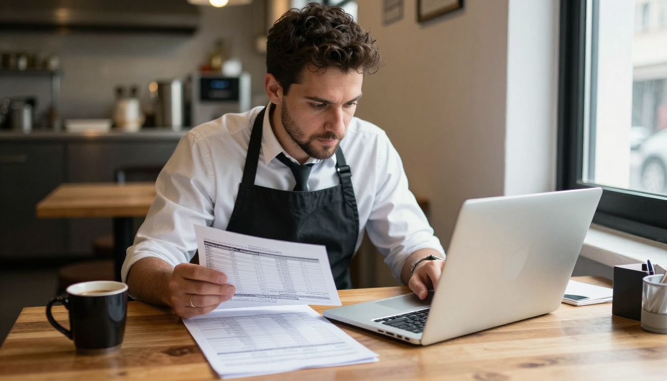 Restaurant owner reviewing a sales report at a laptop