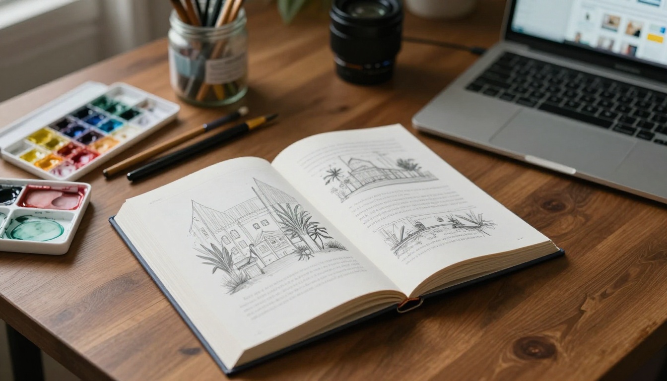 Illustrator desk with printed spread and laptop