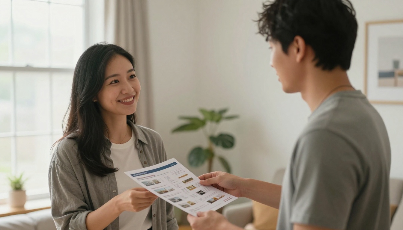 Real estate agent handing a printed brochure to a couple