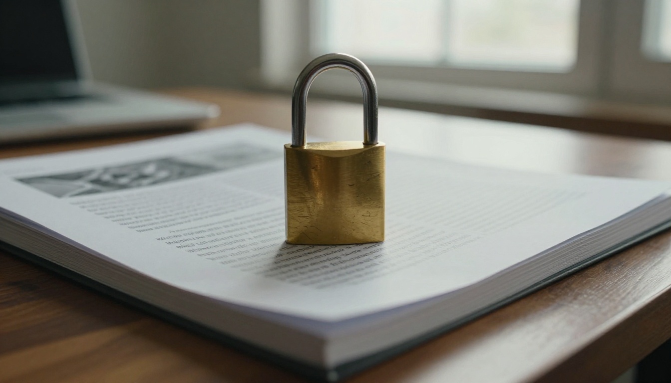 Brass padlock resting on a closed ebook printout Brass padlock resting on a closed ebook printout