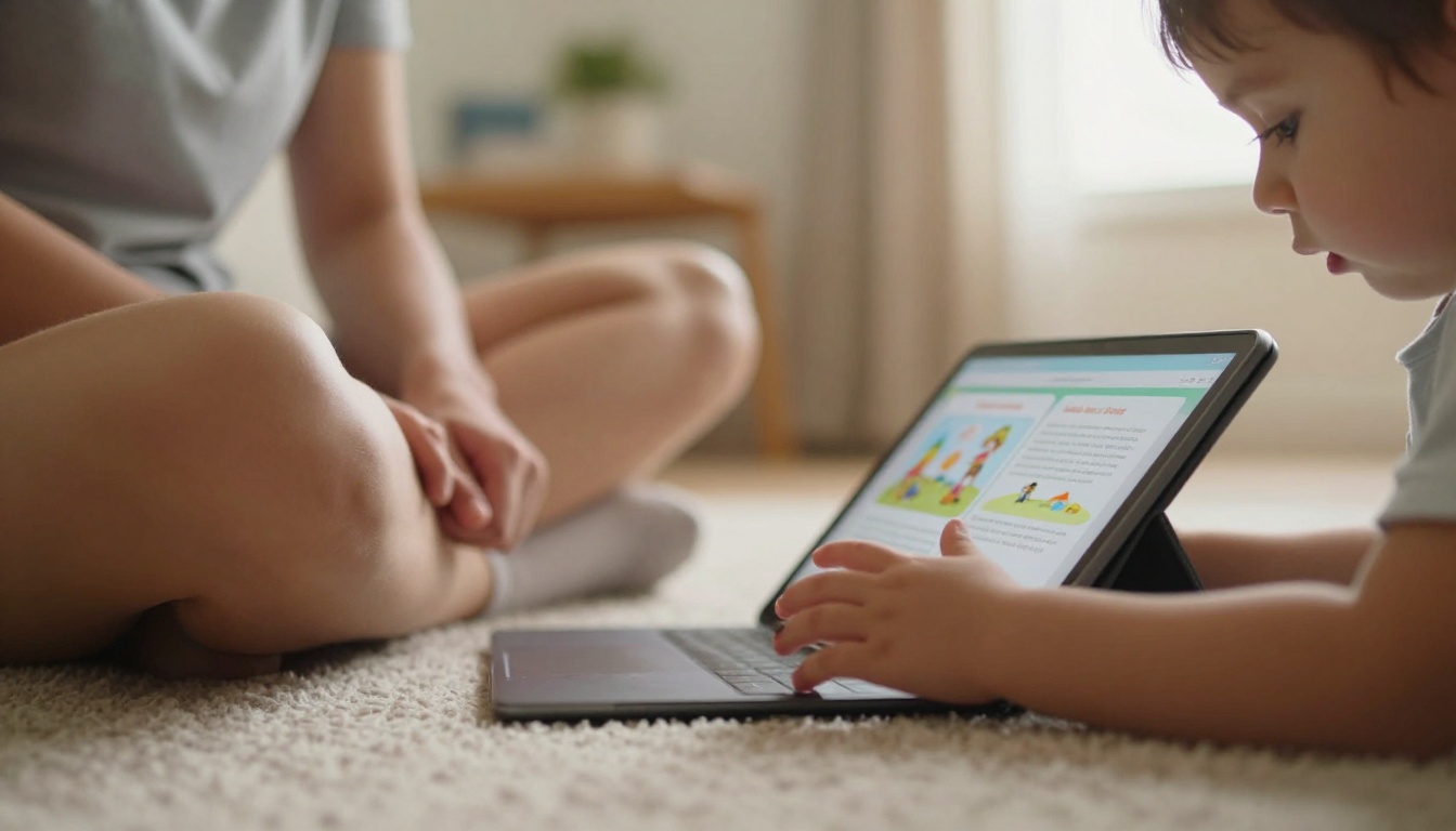 Toddler hands swiping a picture book on a tablet