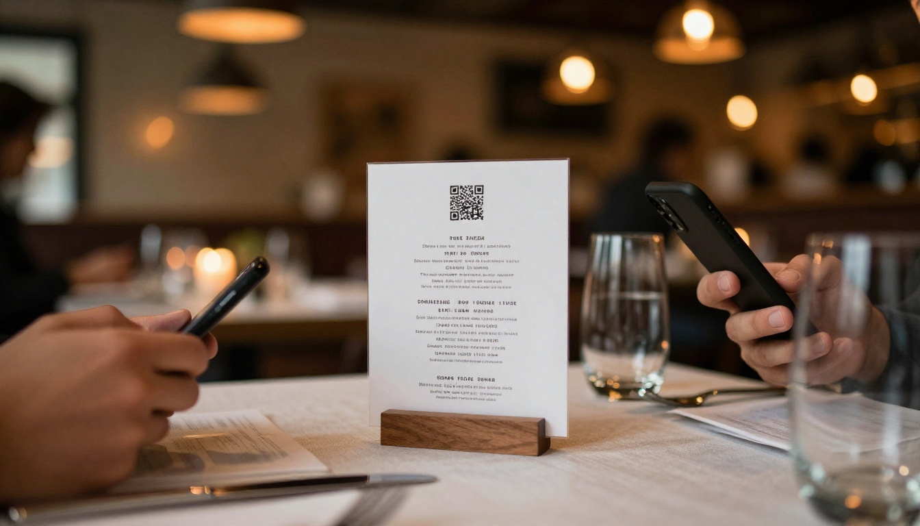 Restaurant table with a QR code stand and a diner holding a phone