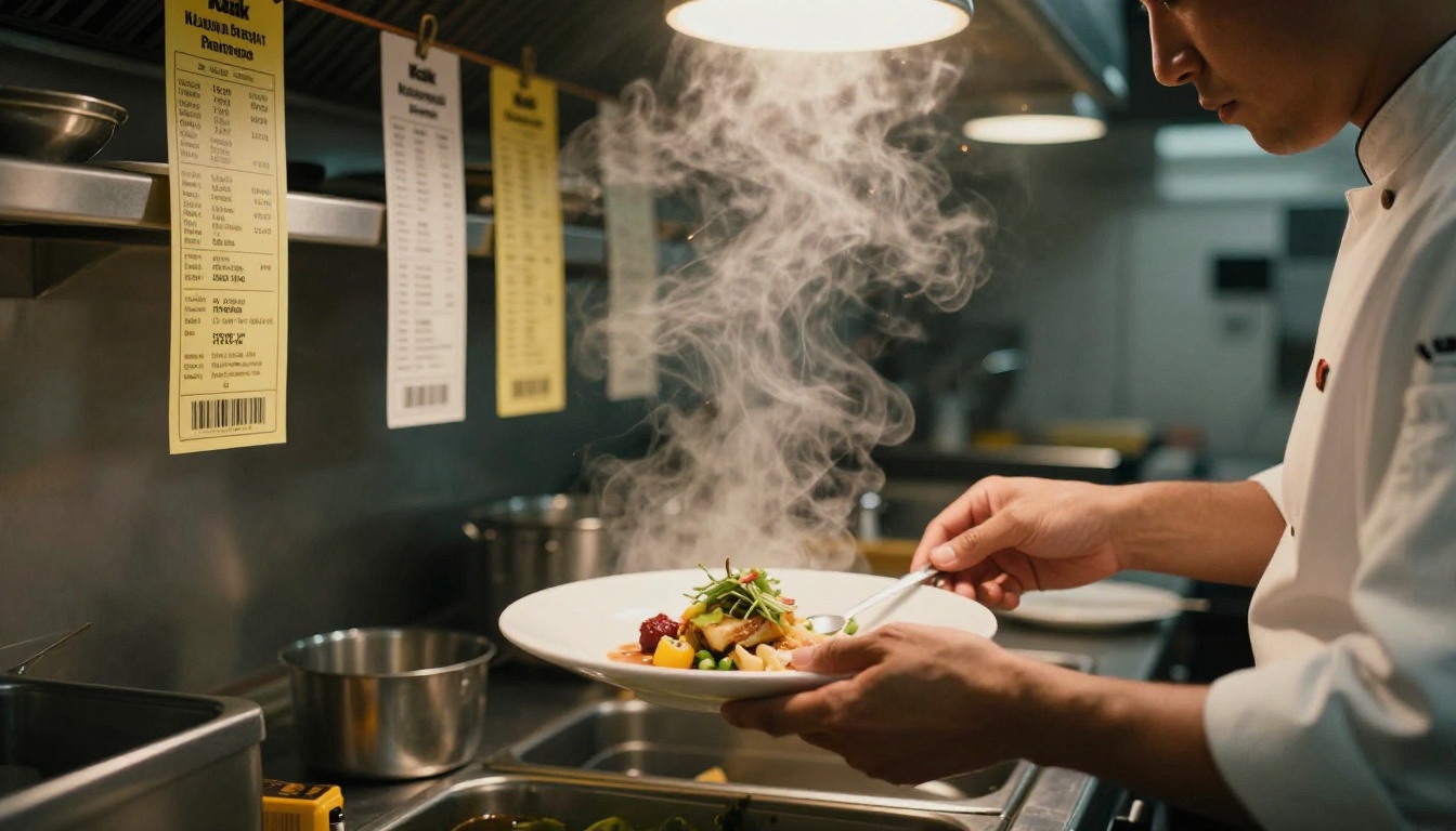 Chef plating a dish at the kitchen pass