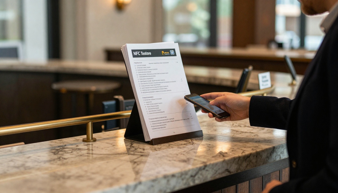 Hotel lobby with brochure stand and NFC tap sign