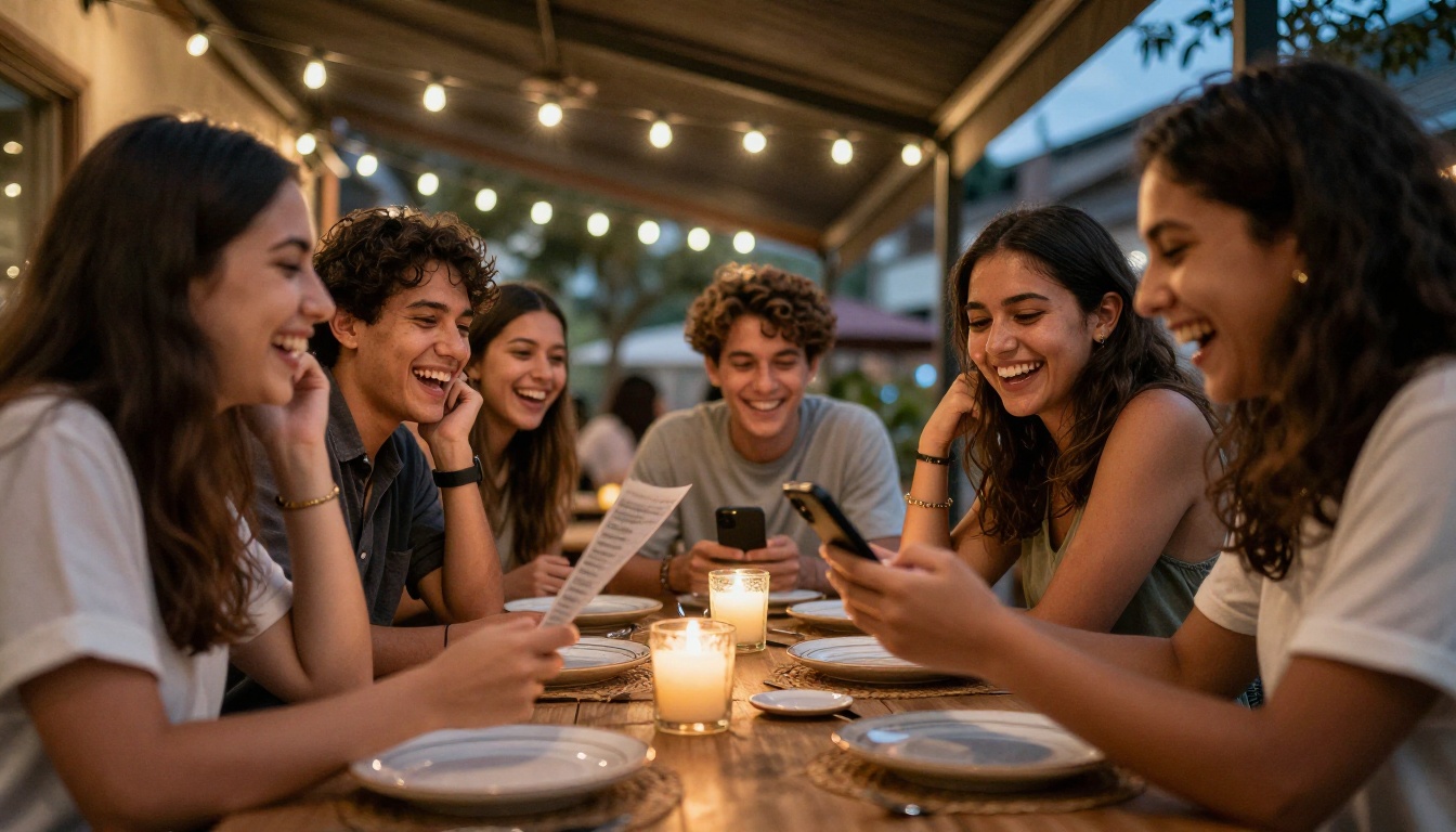 Friends laughing at an outdoor patio table while reading a menu on a phone