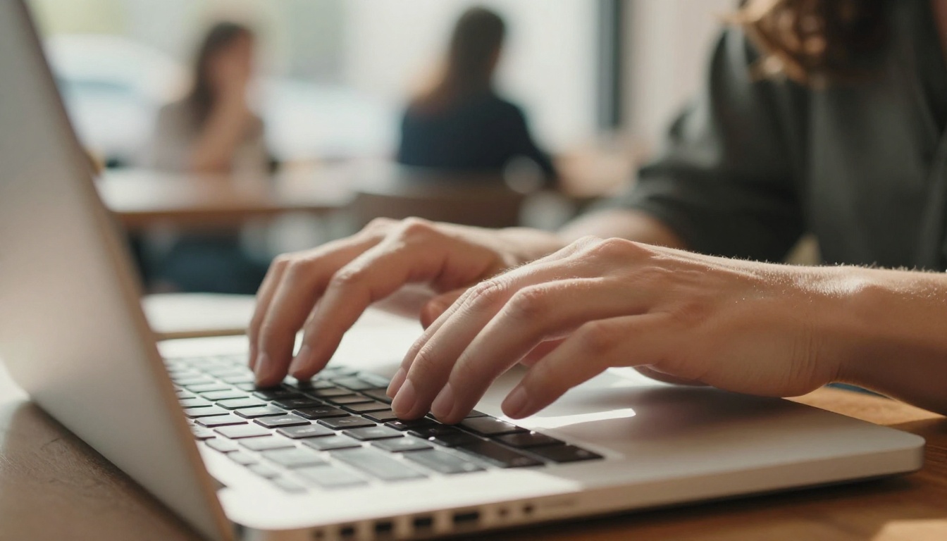 Woman typing an email address into a signup form on a laptop Woman typing an email address into a signup form on a laptop