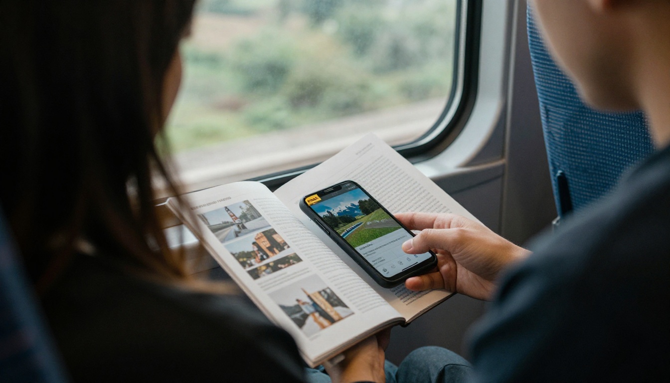 Person reading a digital flipbook brochure on a phone on a train