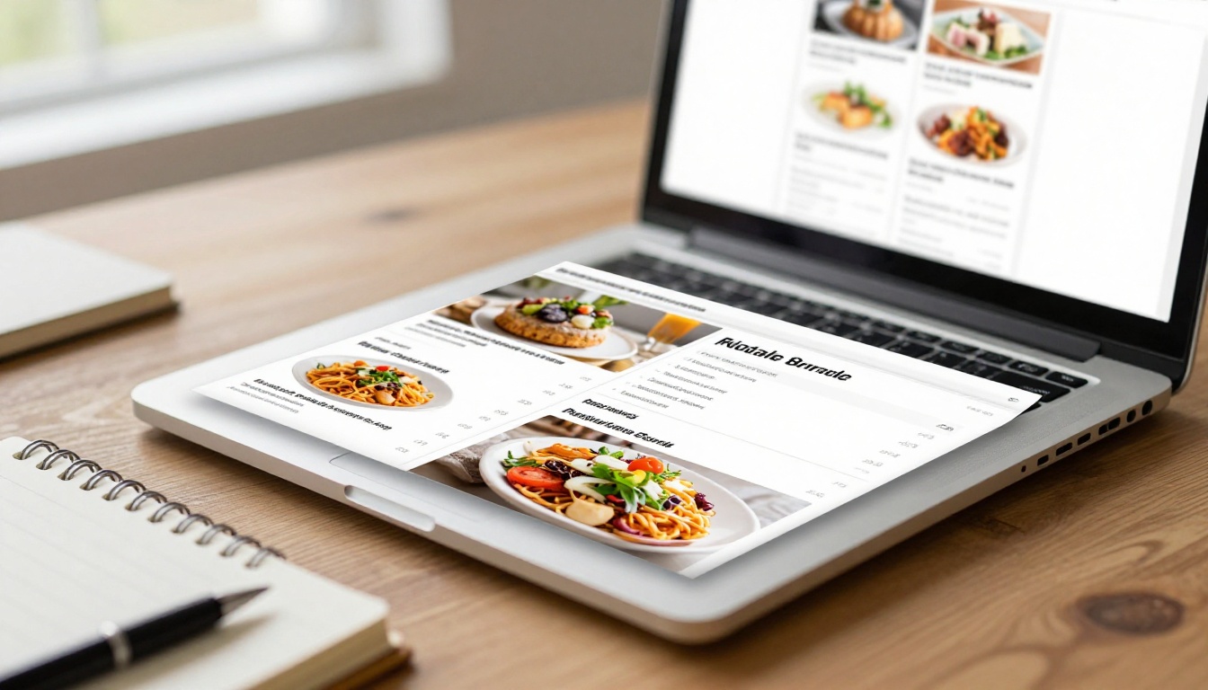 Laptop showing a page-turning digital menu with food photos