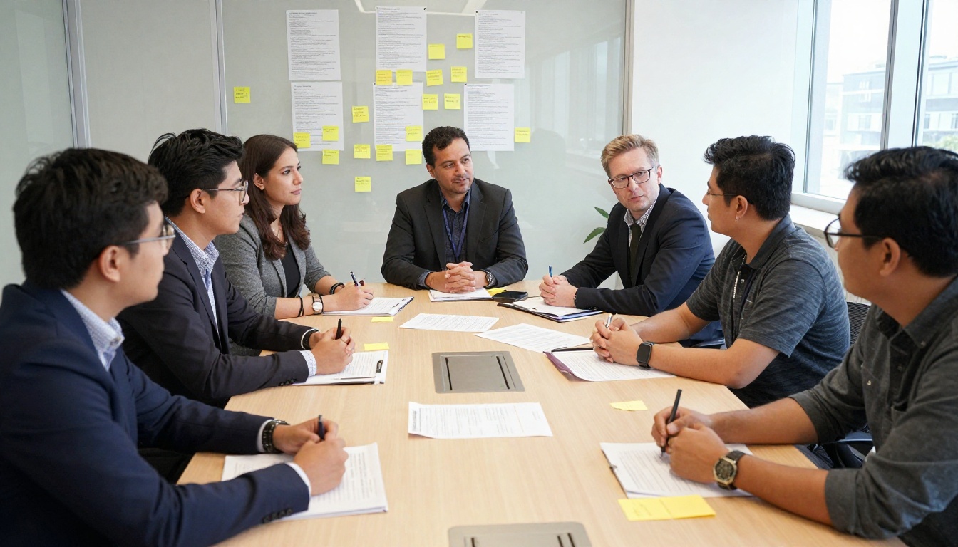 Sales and marketing team meeting around a conference table Sales and marketing team meeting around a conference table
