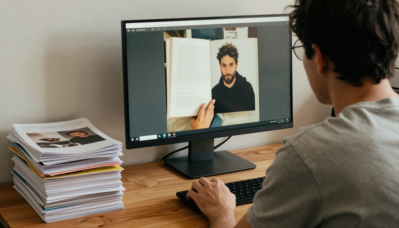 Author reviewing a picture book proof at a home office