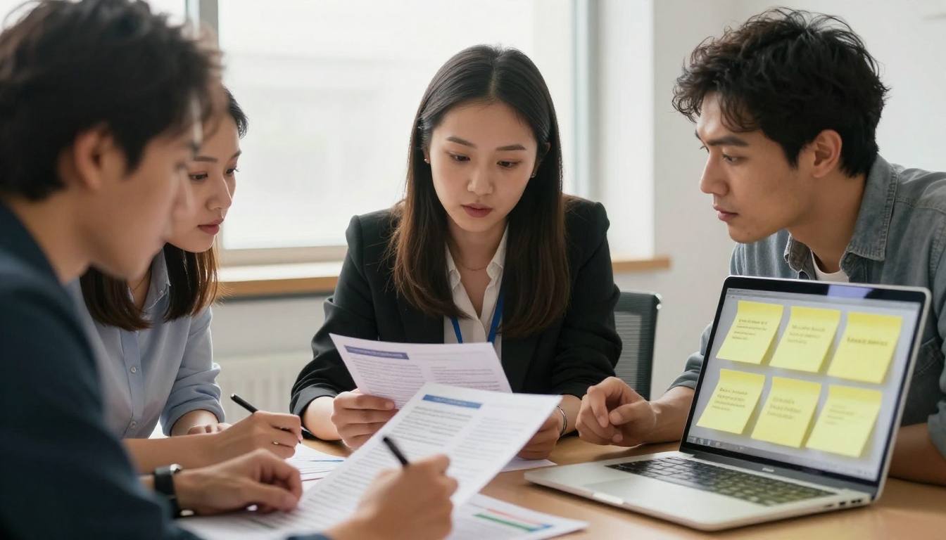Marketing team reviewing printed brochures around a conference table