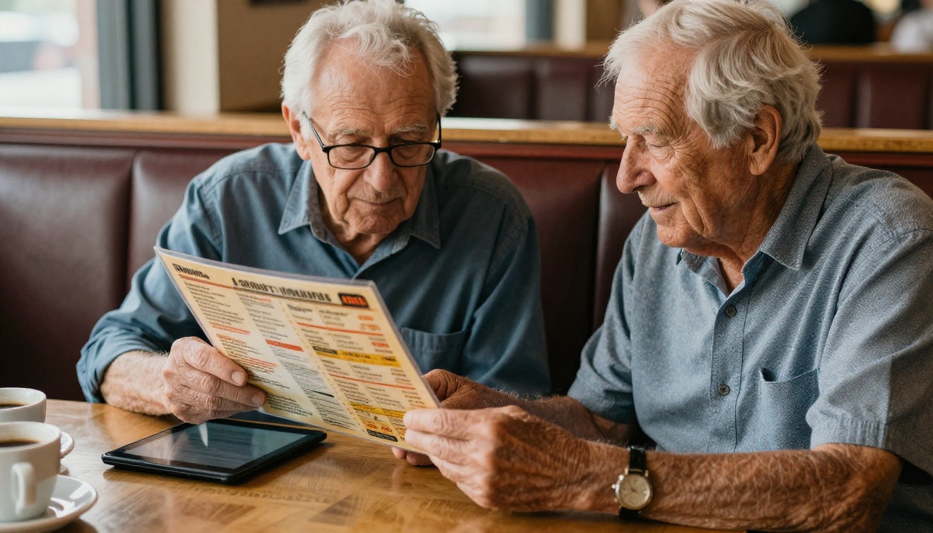 Older couple looking at a printed menu card and a tablet in a diner booth