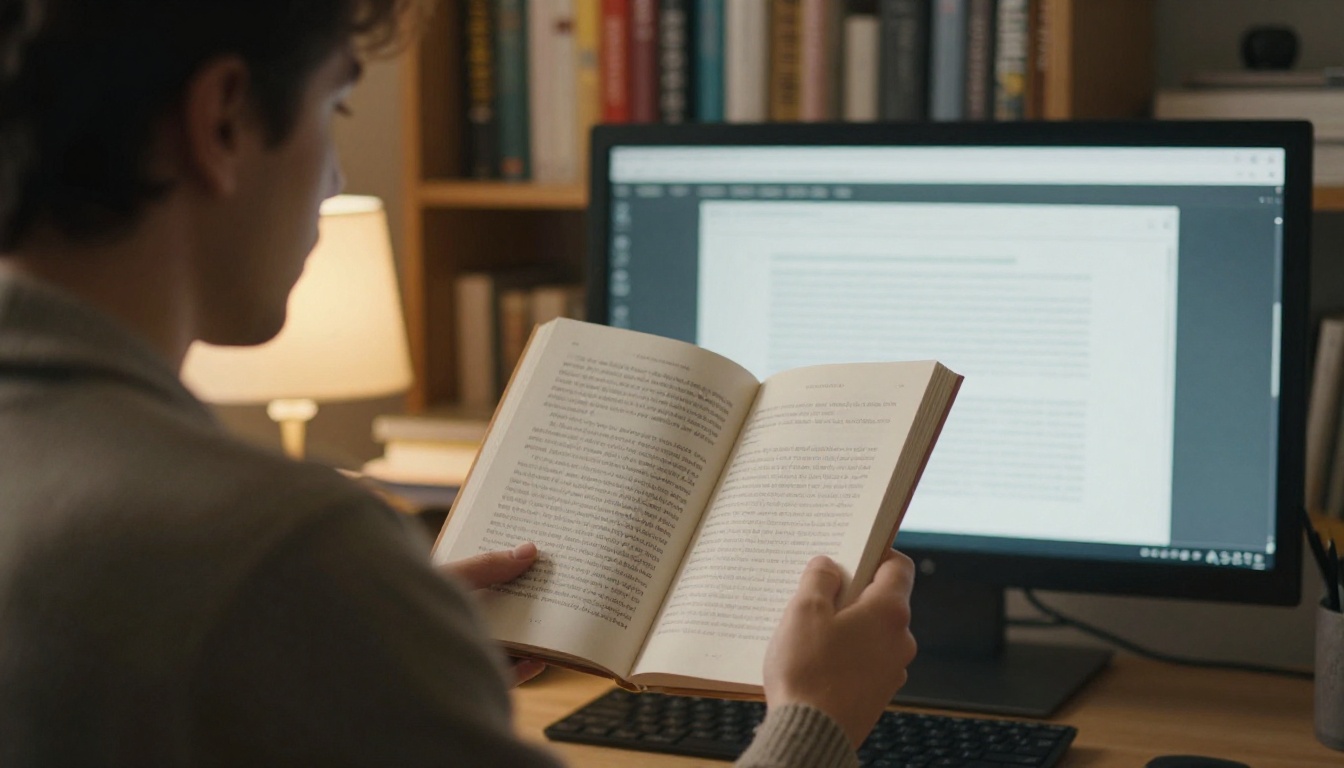 Man reading a PDF ebook on a monitor in a home office Man reading a PDF ebook on a monitor in a home office