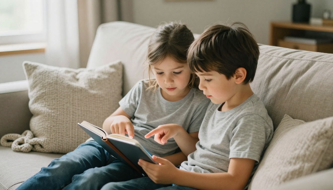 Parent and child reading a picture book together on a tablet