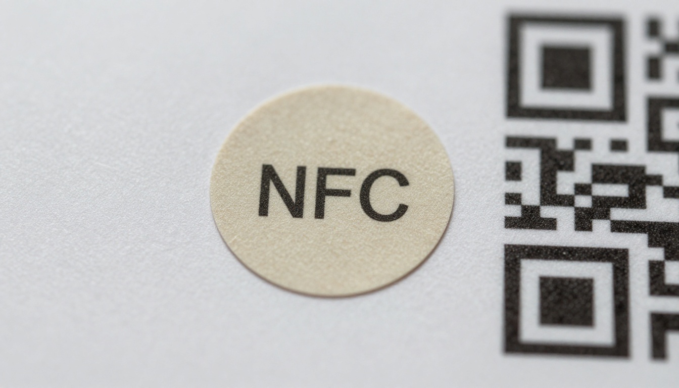 Macro view of an NFC sticker beside a printed QR code