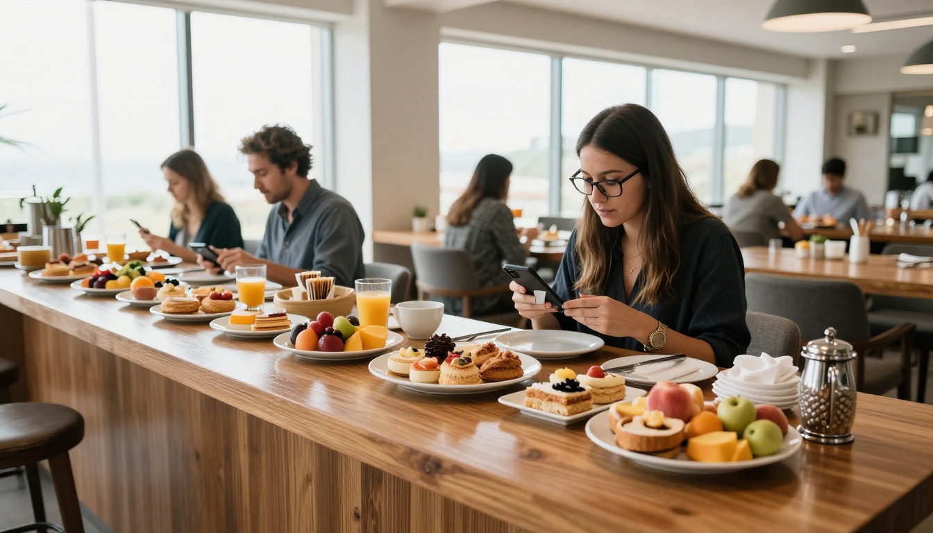 Hotel breakfast guest scanning a table stand with a phone