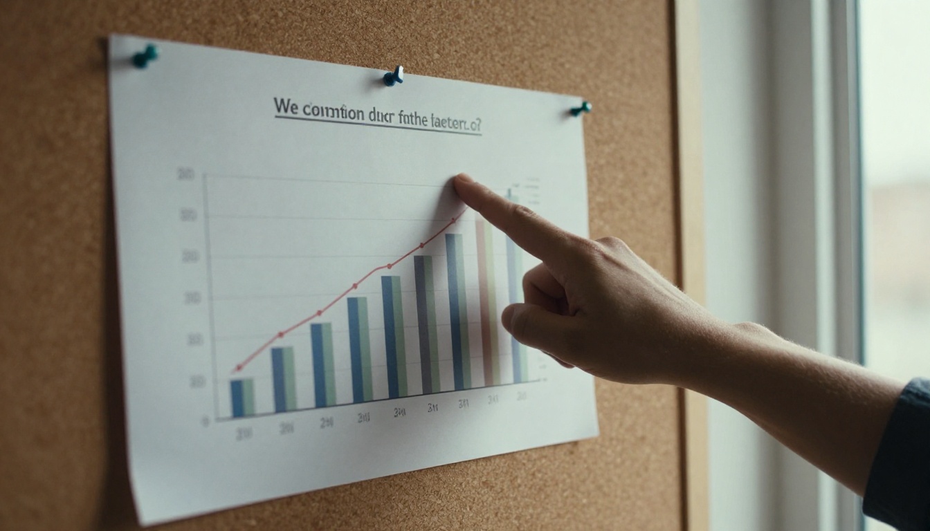 Marketer pointing at a printed conversion chart pinned to a corkboard Marketer pointing at a printed conversion chart pinned to a corkboard