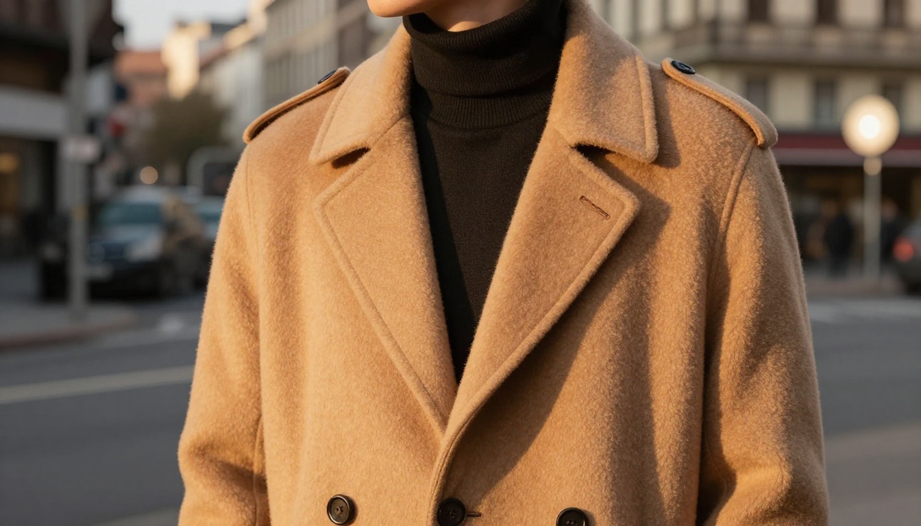 Model in a camel coat during a lookbook shoot on an urban street